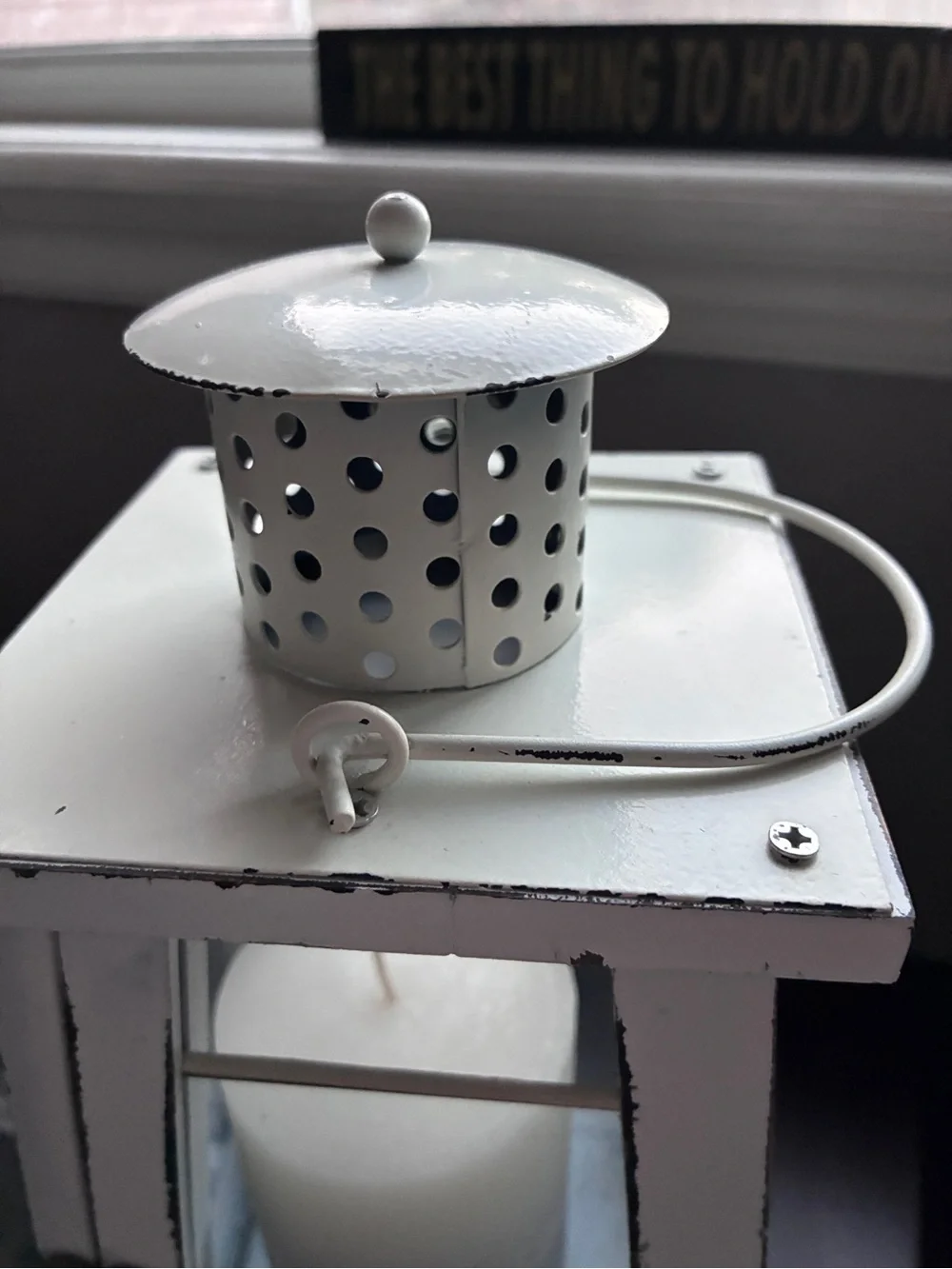 Distressed White Wooden Lantern with Two-Tone Candle - Rustic Accent